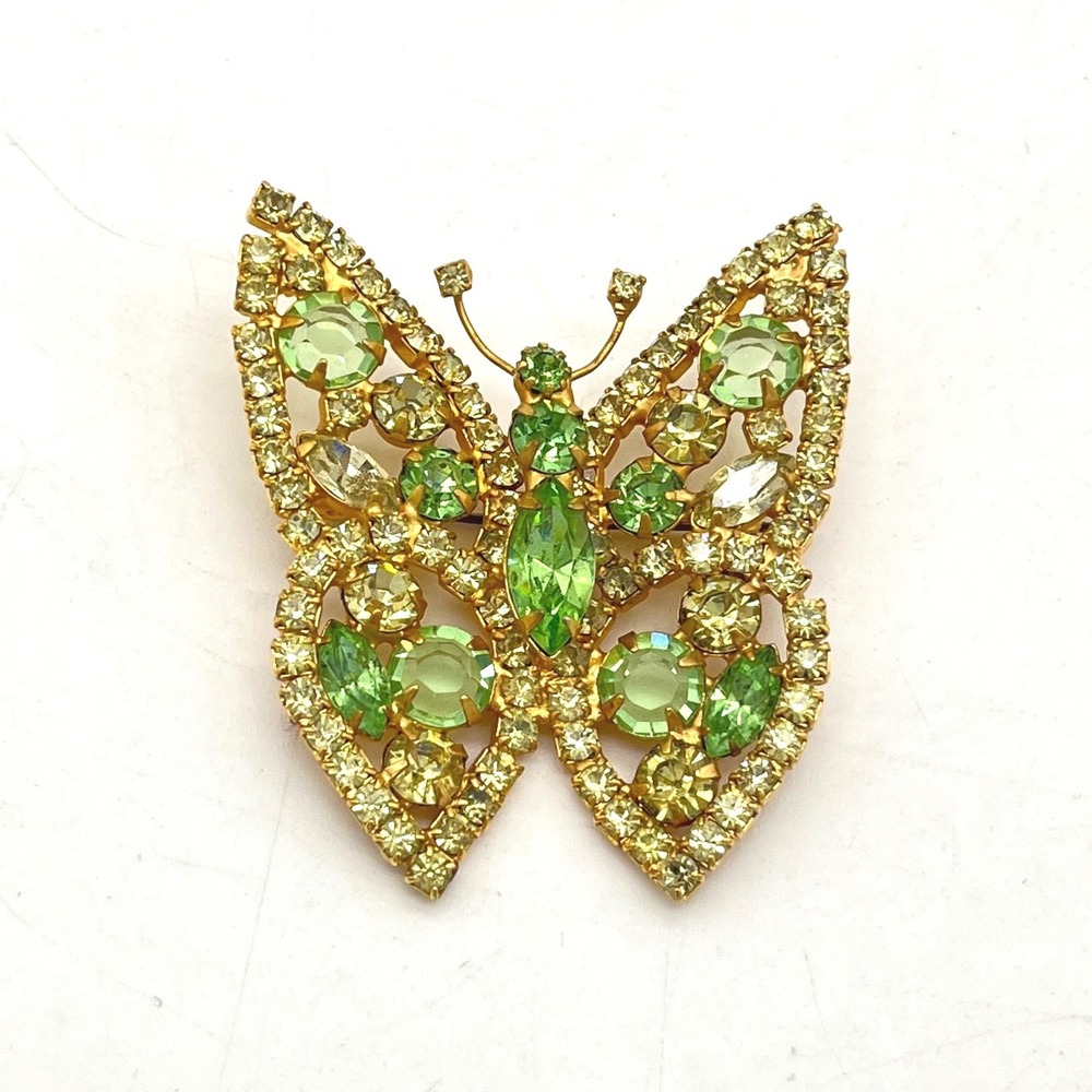 Alice Caviness Vintage Butterfly Brooch Peridot Green Rhinestone Gold Tone